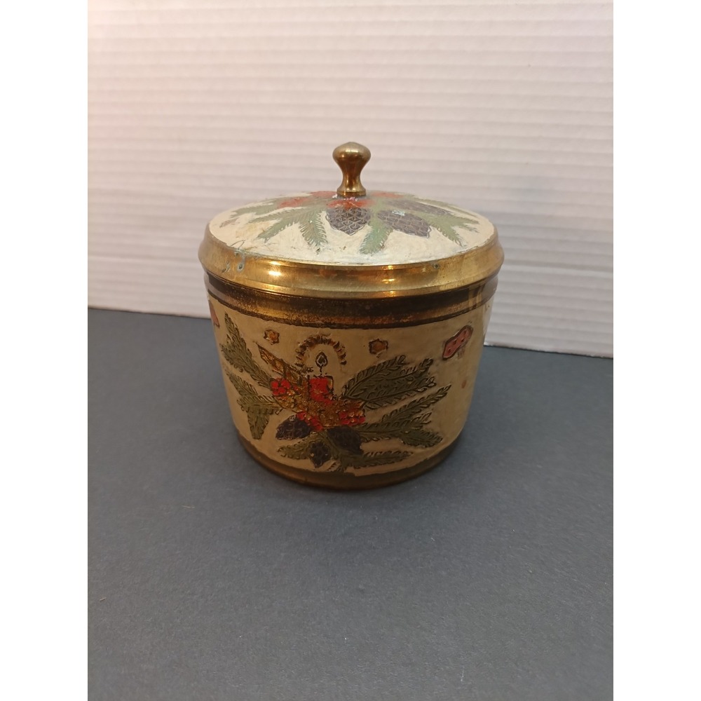 Vintage Lidded Canister Jar Christmas Cloisonné Enamel Solid Brass Hand Pained